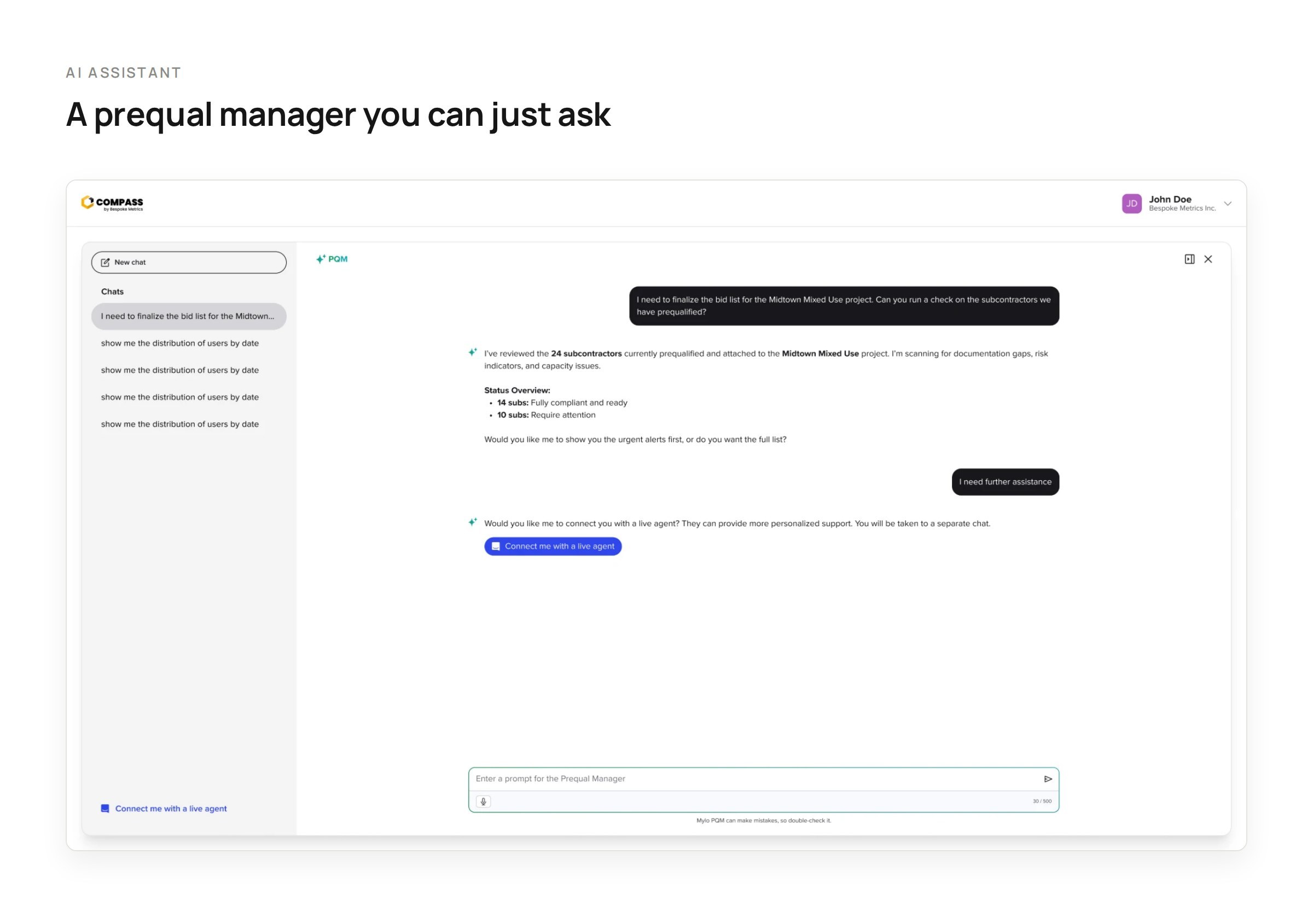 AI assistant: the prequalification manager checking a bid list and offering a live agent