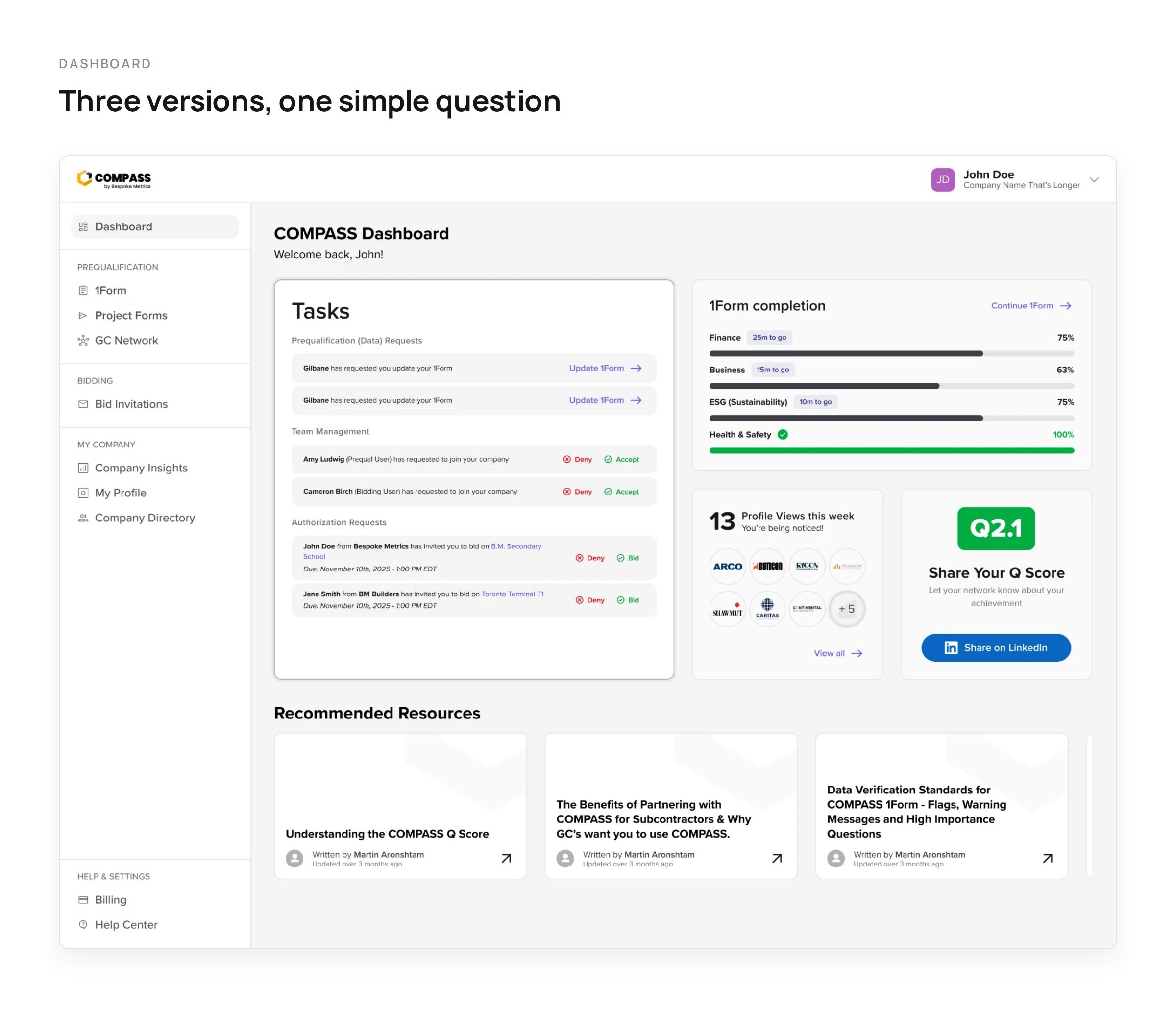 Dashboard version 1: tasks, 1Form progress, profile views and resources all at once