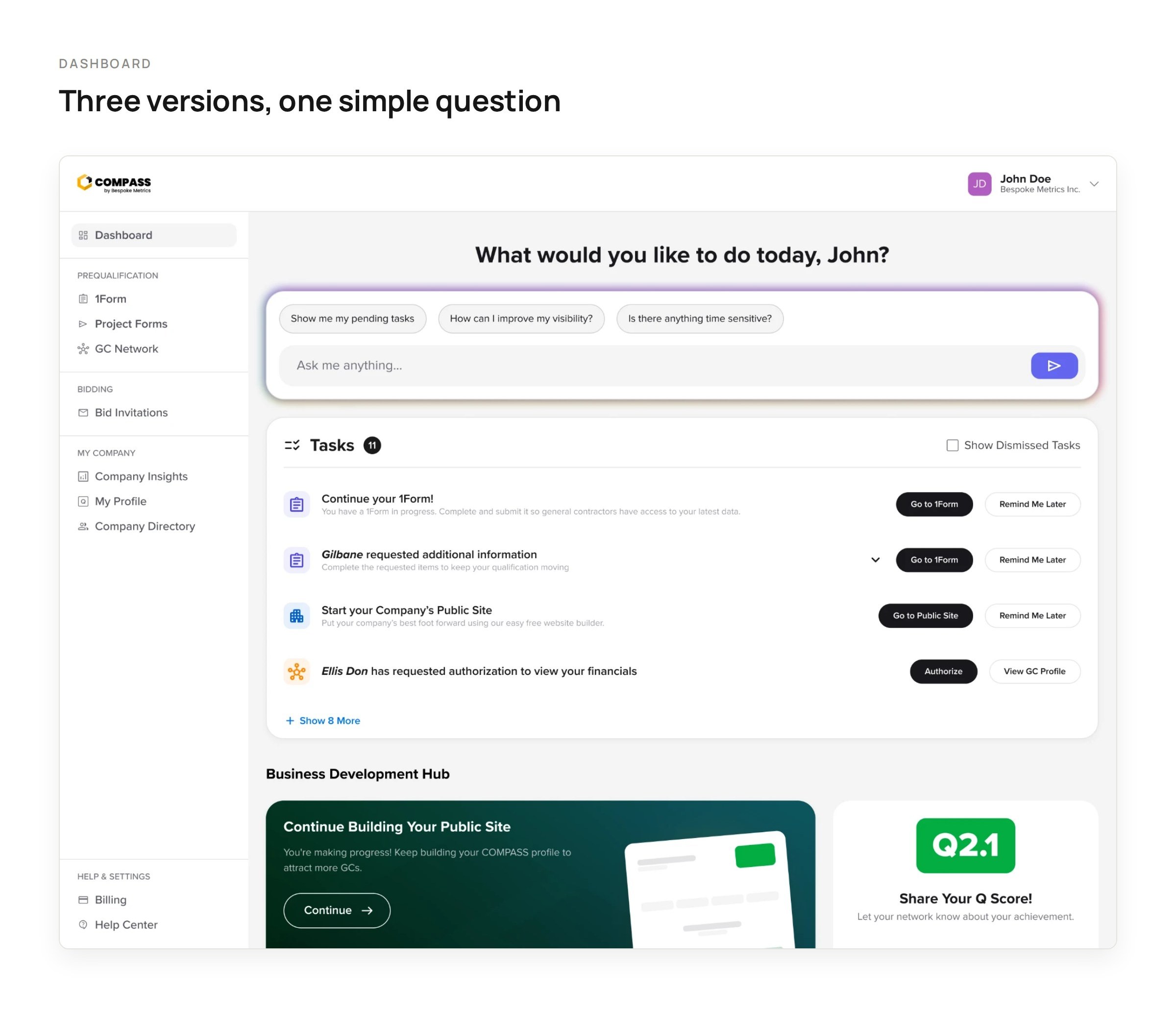 Dashboard version 3: an AI prompt, a prioritized task list and the Business Development Hub