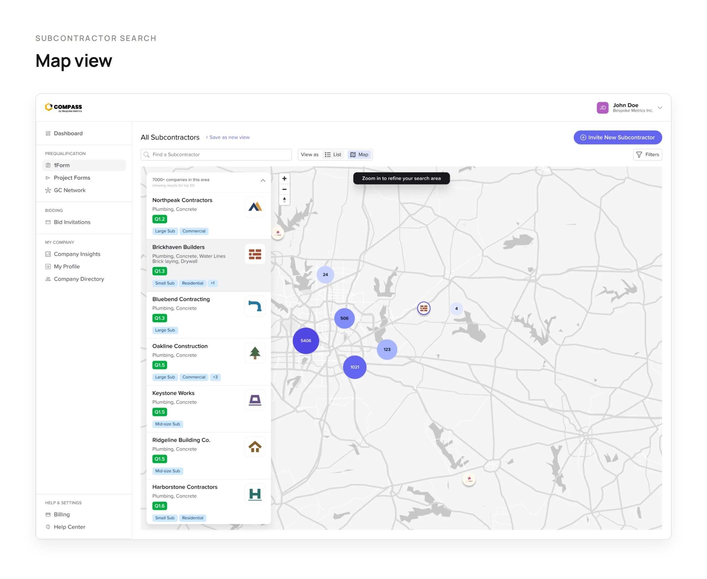 Subcontractor search: the new map view with a results list of the top companies in the area