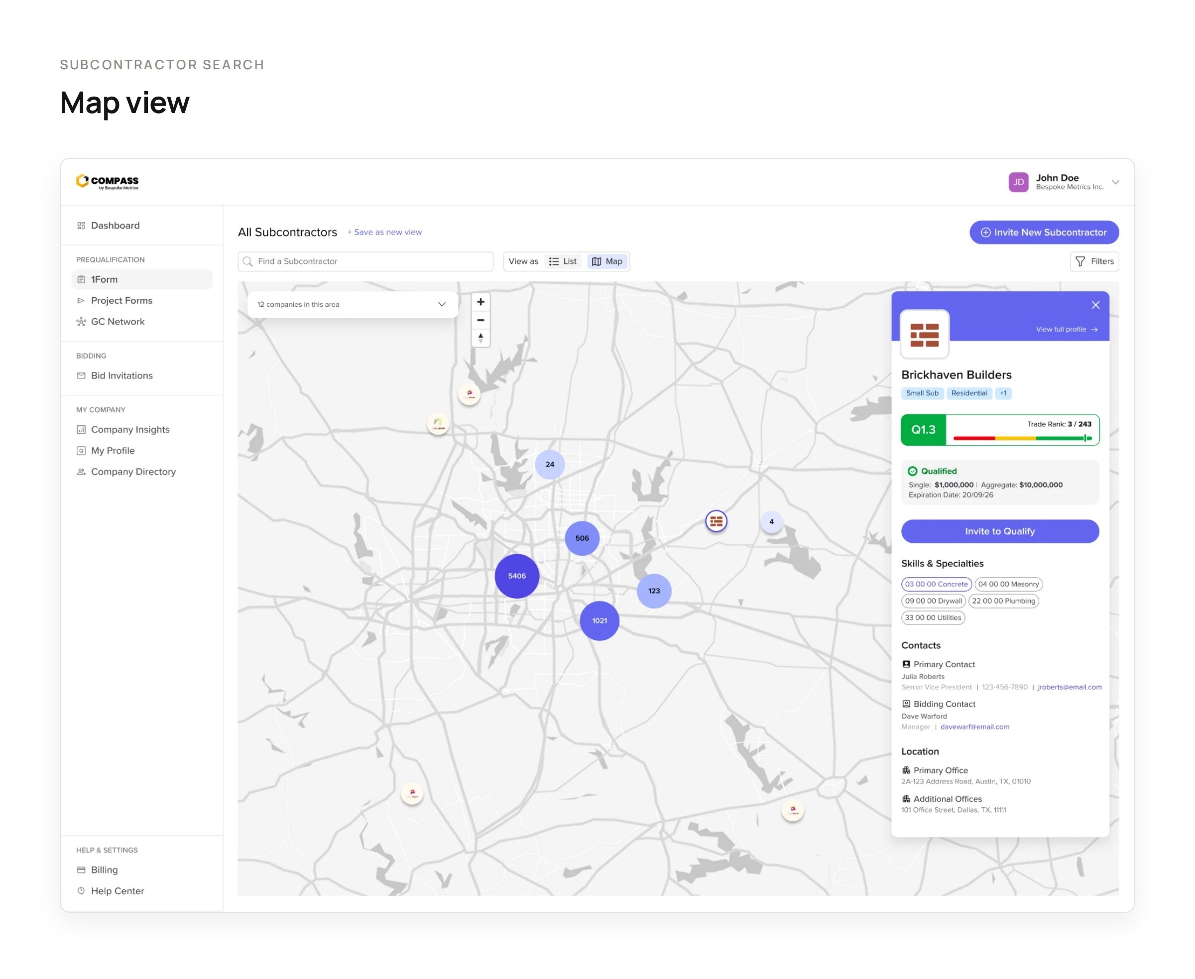 Subcontractor search: the map view with Brickhaven Builders' profile open, showing its Q score, qualification, specialties and contacts