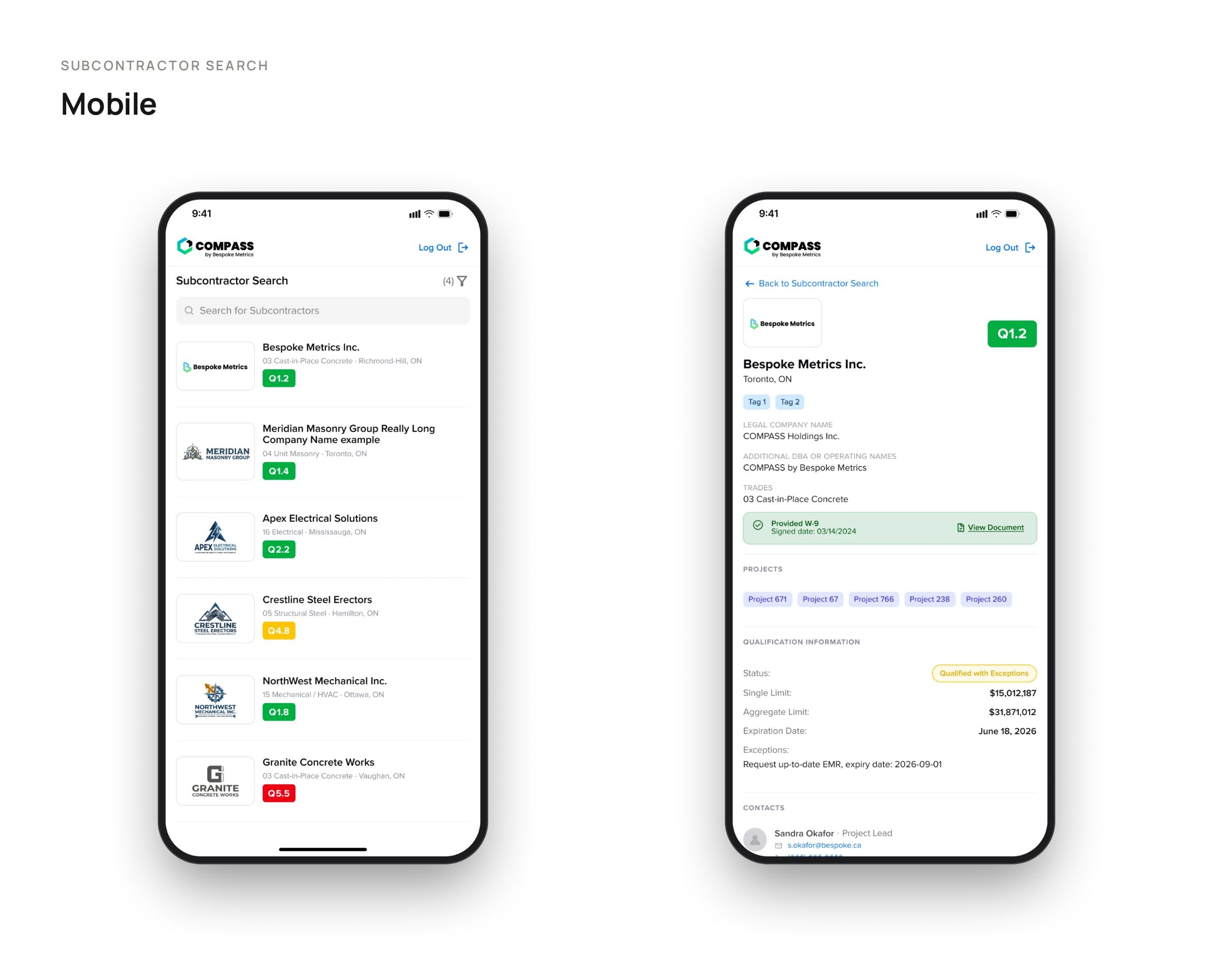 Subcontractor search on mobile: search results and a subcontractor profile