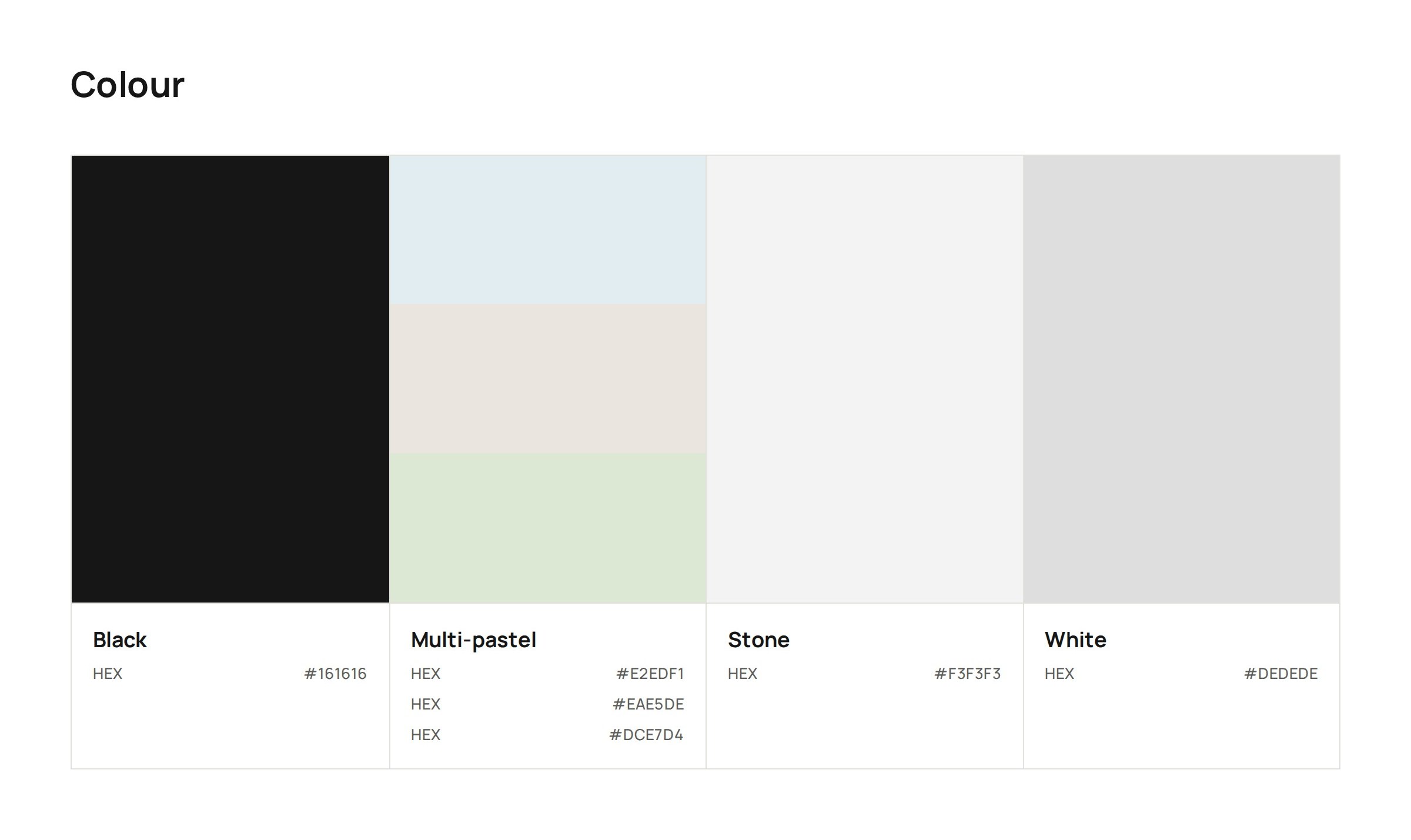 Colour: Black, a multi-pastel set, Stone and White, with hex values