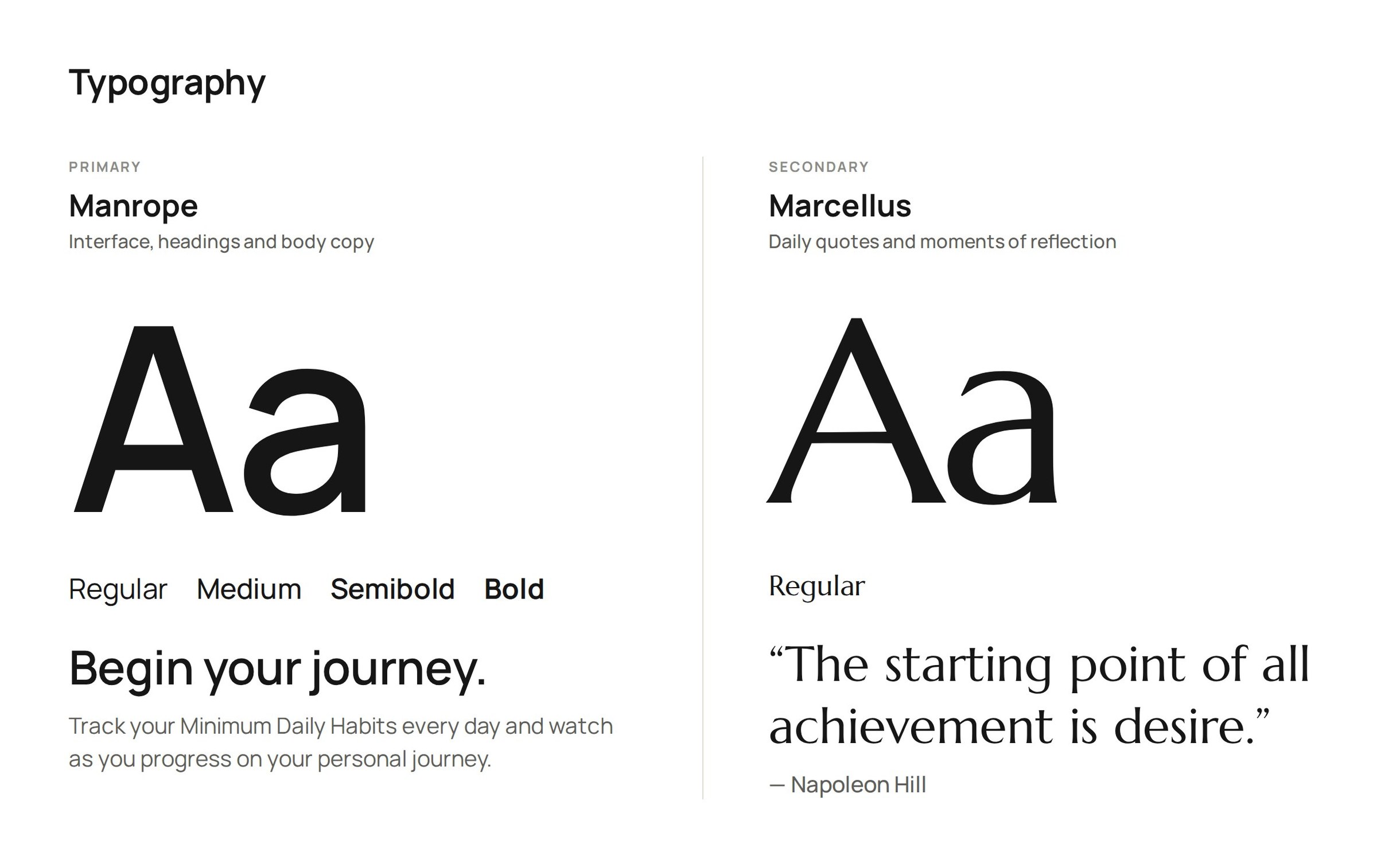 Typography: Manrope for the interface and Marcellus for quotes, with weights and sample copy