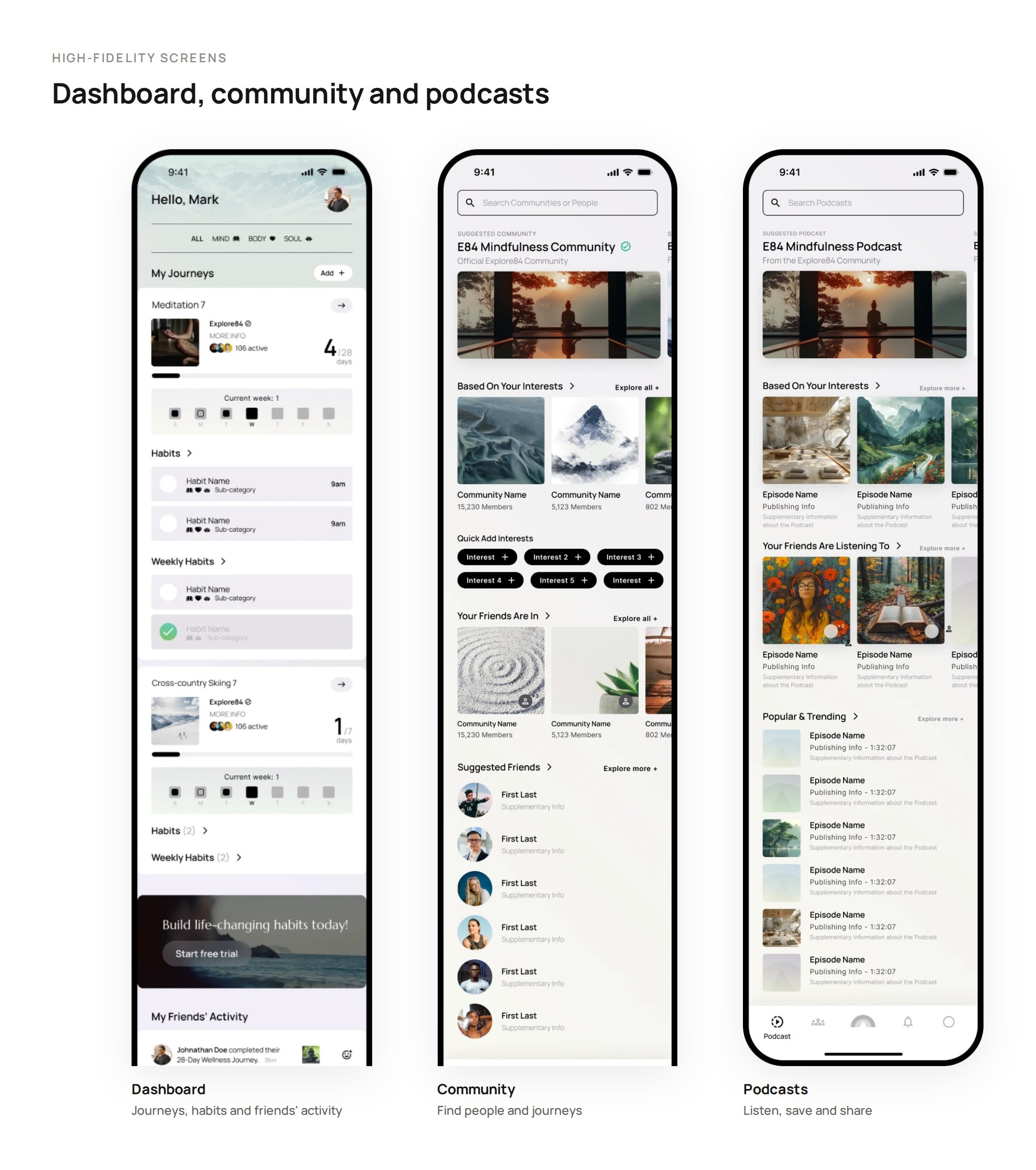 Full-length Dashboard, Community and Podcasts screens