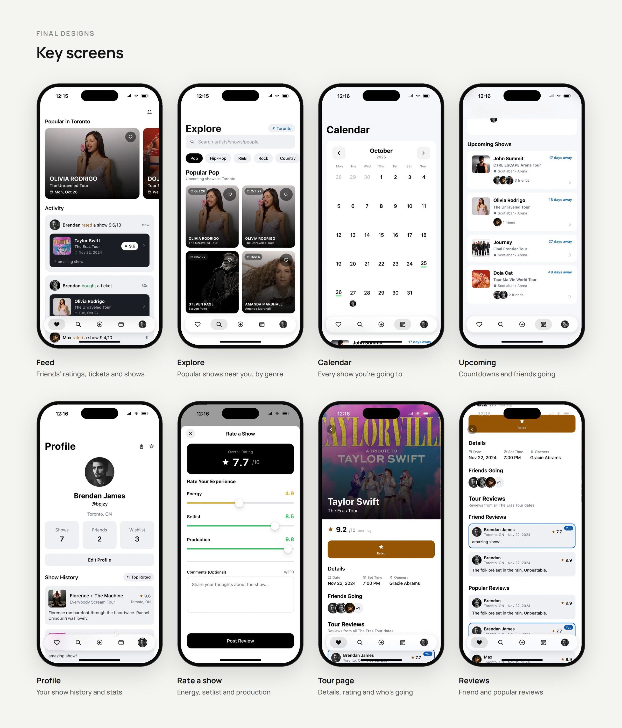 Key screens: feed, explore, calendar, upcoming shows, profile, rating a show, a tour page and tour reviews