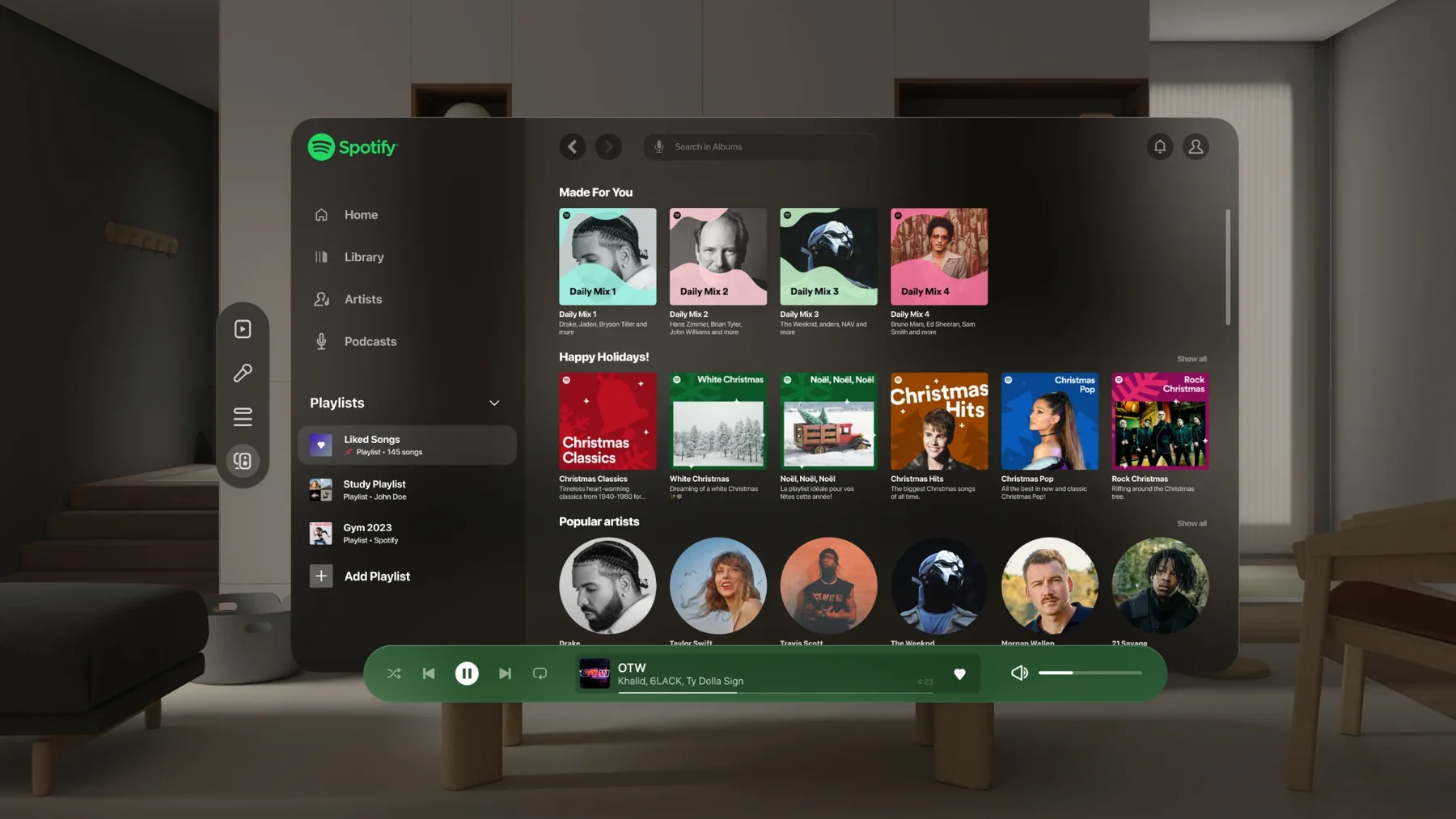 A Spotify concept for Apple Vision Pro: a floating library window with playlists, mixes and a now-playing bar in a living room