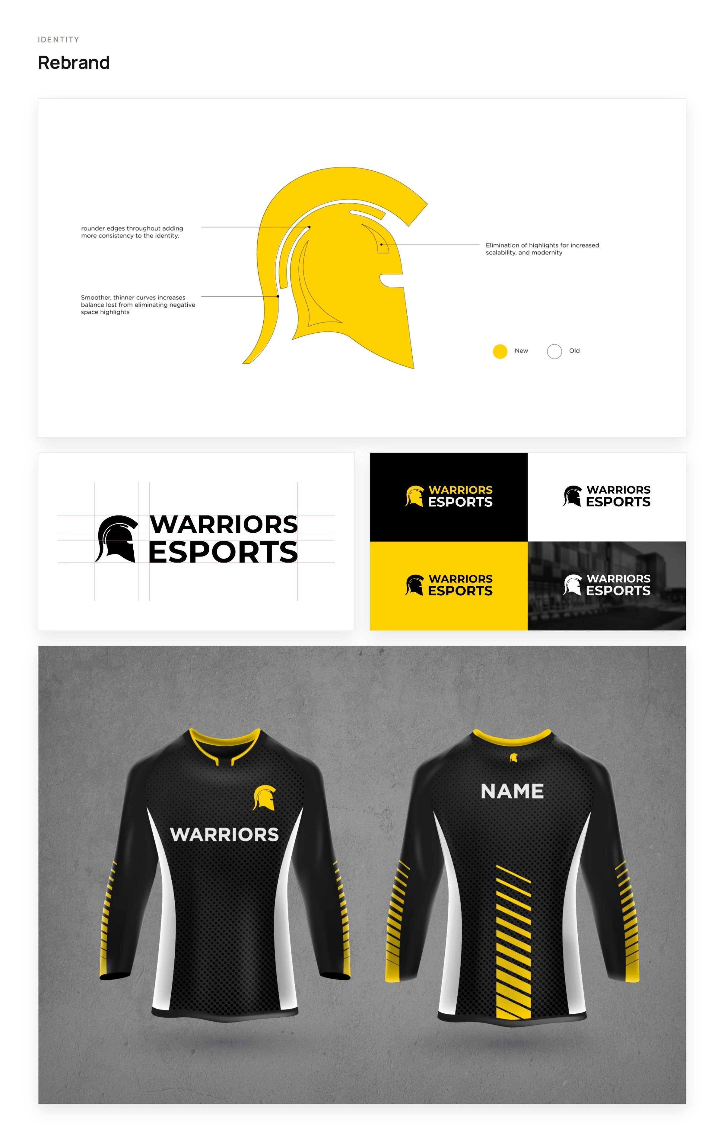 Rebrand: the redrawn helmet compared with the old one, the logo on its construction grid, the logo on four backgrounds and the team jersey