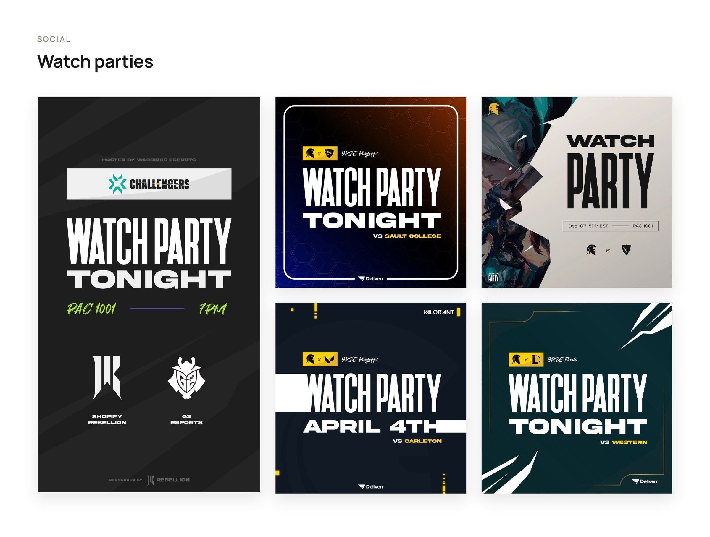 Five watch party graphics for Valorant, League of Legends and Rocket League matches