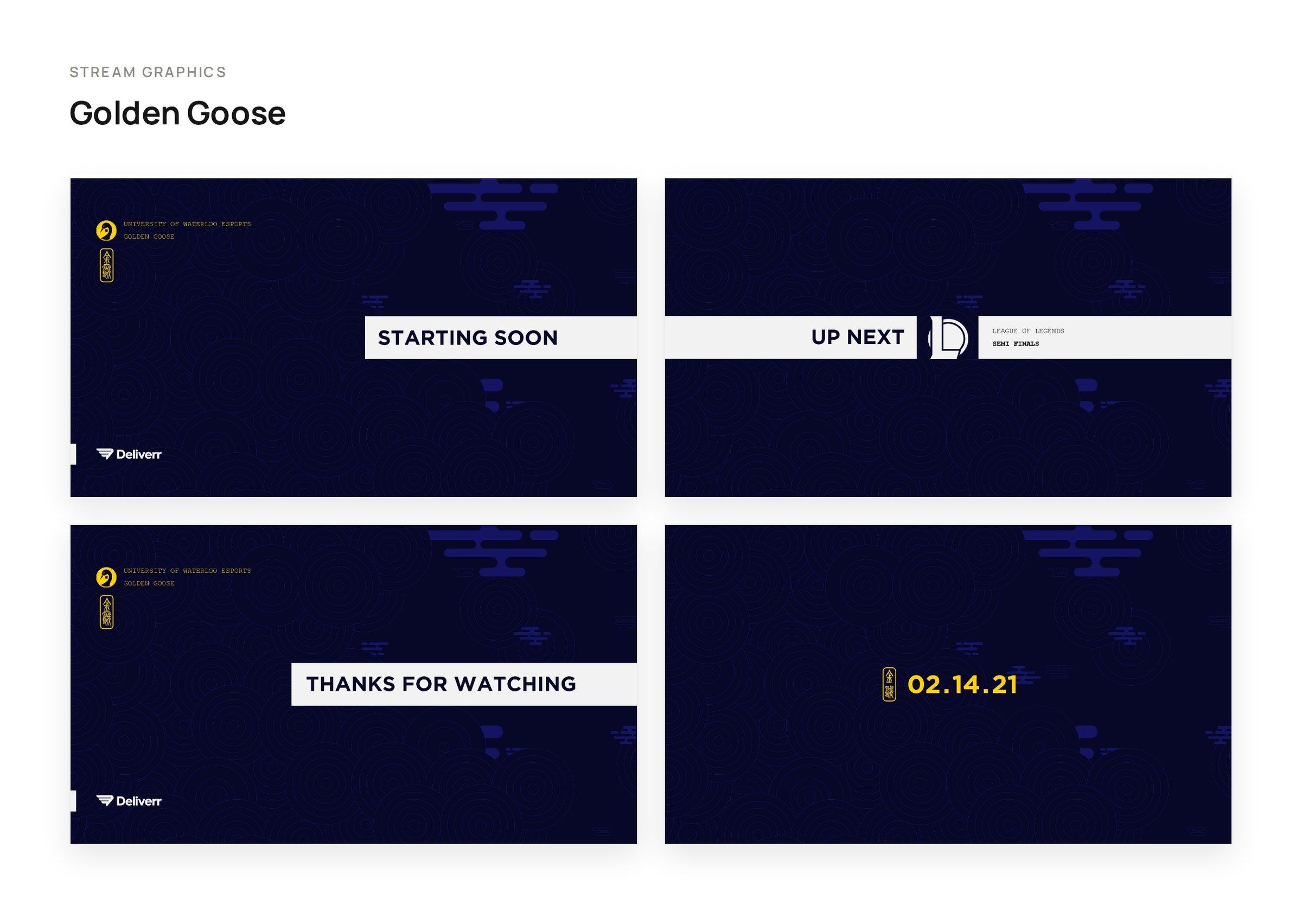 Golden Goose stream graphics: starting soon, up next, thanks for watching and the event date
