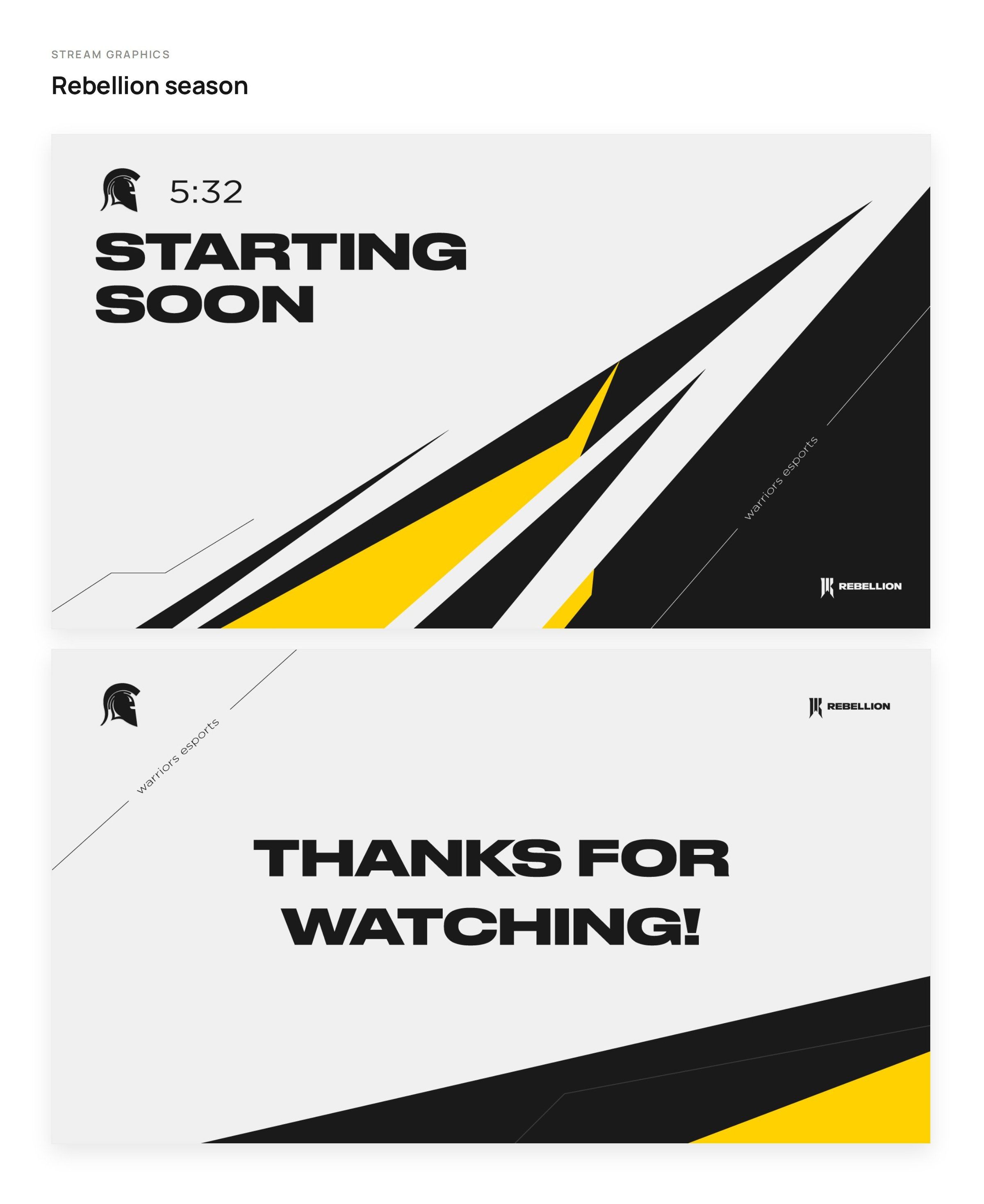 Rebellion season stream graphics: starting soon and thanks for watching
